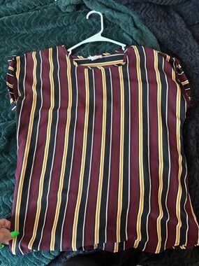 Womans Burgundy Striped Short-Sleeve Blouse with Gold & Black Accents